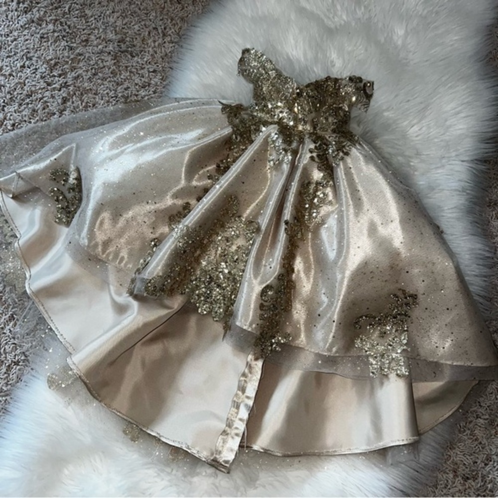 CUSTOM Quinceañera Teddy Bear DRESS ONLY‎ Champagne Gold Sequin W/Train